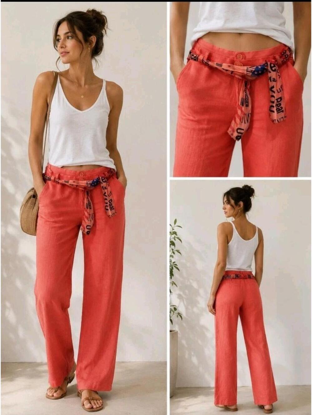 Made In Italy Womens Double Waistband Pants XL Belted Resort Brigh Coral NEW #C1